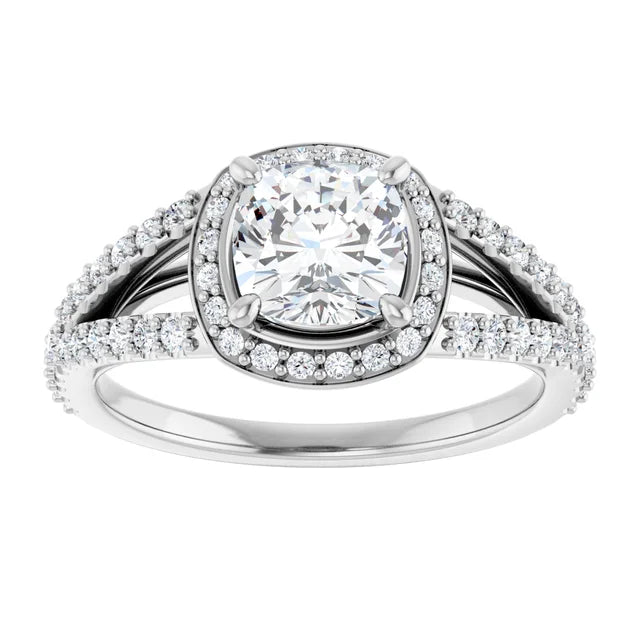 14K White Gold 1 CTW Cushion Halo Split Shank Diamond Engagement Ring