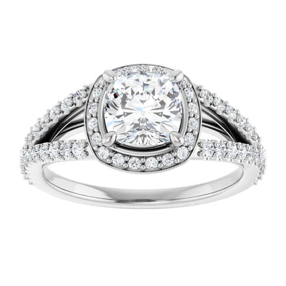 14K White Gold 1 CTW Cushion Halo Split Shank Diamond Engagement Ring