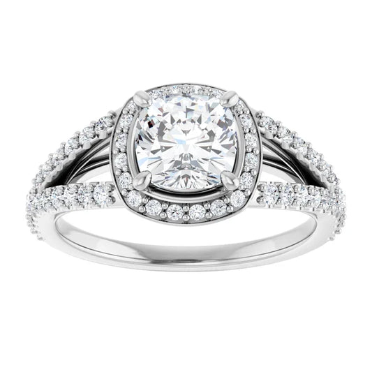 14K White Gold 1 CTW Cushion Halo Split Shank Diamond Engagement Ring