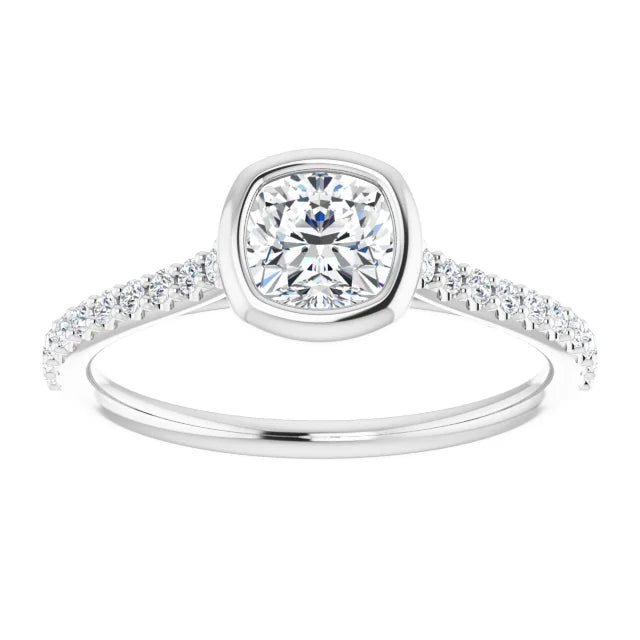 14K White Gold Cushion-Cut Diamond Bezel Engagement Ring with Pavé Accents