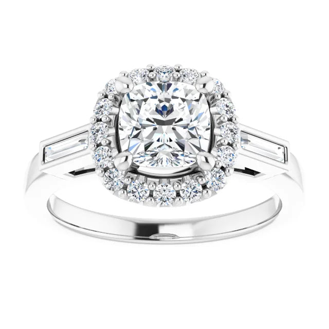 14K White Gold 5/8 CT Cushion Halo Engagement Ring with Baguette Accents