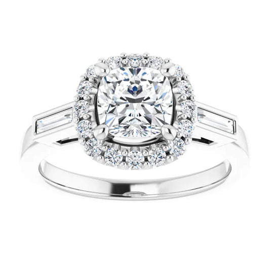 14K White Gold 5/8 CT Cushion Halo Engagement Ring with Baguette Accents