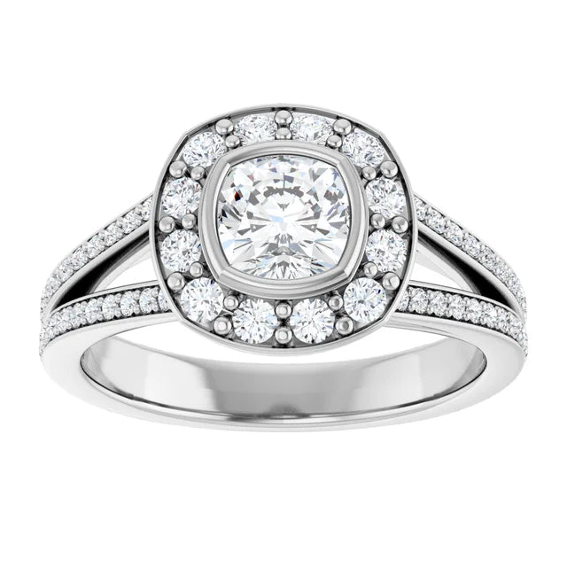 14K White Gold 1 1/4 CT Cushion Diamond Split Shank Halo Engagement Ring