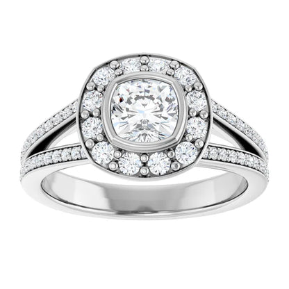 14K White Gold 1 1/4 CT Cushion Diamond Split Shank Halo Engagement Ring