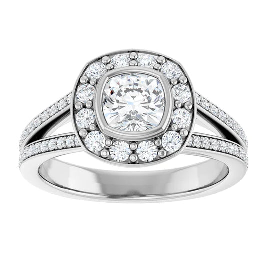 14K White Gold 1 1/4 CT Cushion Diamond Split Shank Halo Engagement Ring
