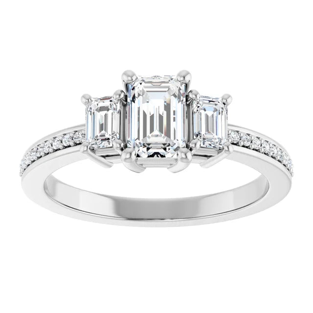 14K White Gold 1 5/8 CTW Emerald-Cut Diamond Three-Stone Engagement Ring with Pavé Band