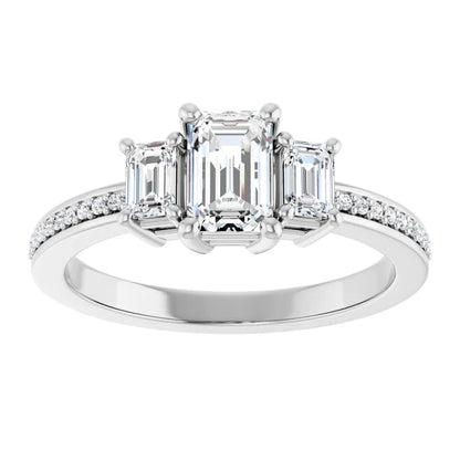 14K White Gold 1 5/8 CTW Emerald-Cut Diamond Three-Stone Engagement Ring with Pavé Band