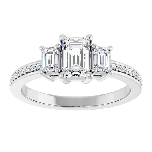 14K White Gold 1 5/8 CTW Emerald-Cut Diamond Three-Stone Engagement Ring with Pavé Band