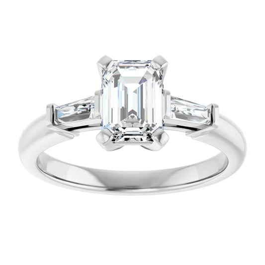 14K White Gold 1 1/2 CTW Emerald-Cut Diamond Three-Stone Engagement Ring with Baguette Accents