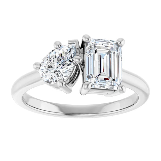 14K White Gold 1 9/10 CTW Emerald-Cut and Pear-Cut Diamond Toi et Moi Engagement Ring