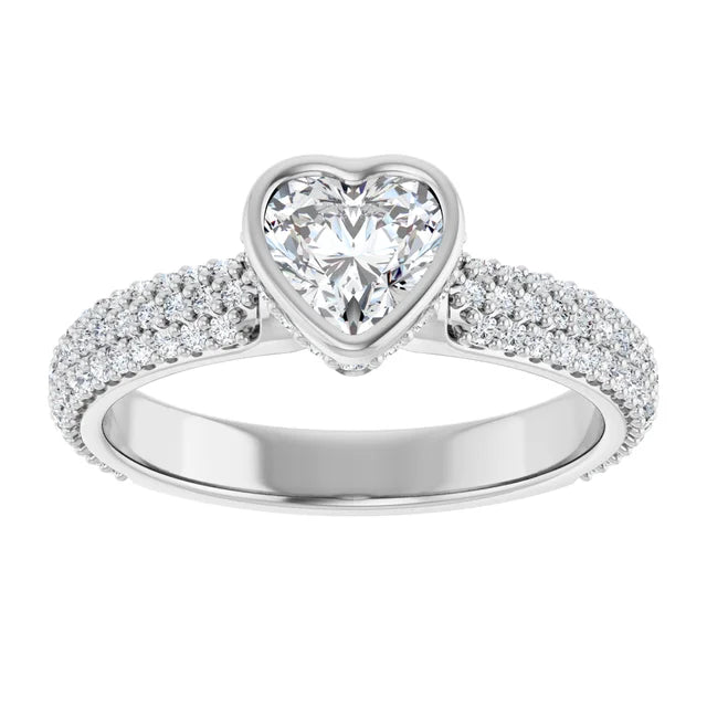 14K White Gold 1 CTW Heart-Cut Diamond Bezel-Set Engagement Ring with Triple Row Pavé Band