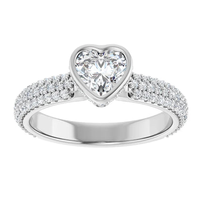 14K White Gold 1 CTW Heart-Cut Diamond Bezel-Set Engagement Ring with Triple Row Pavé Band