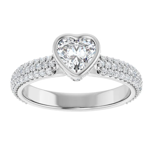 14K White Gold 1 CTW Heart-Cut Diamond Bezel-Set Engagement Ring with Triple Row Pavé Band