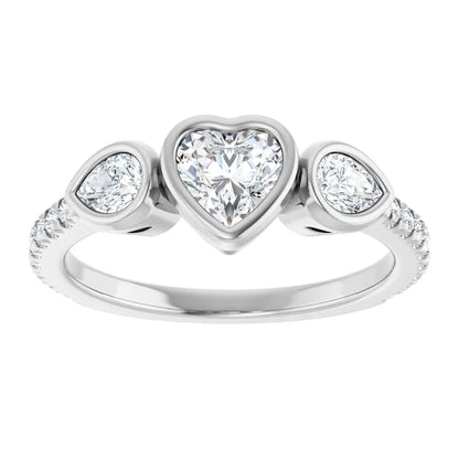 14K White Gold 1 CTW Heart-Cut Diamond Three-Stone Engagement Ring with Pear Bezel Accents and Pavé Band