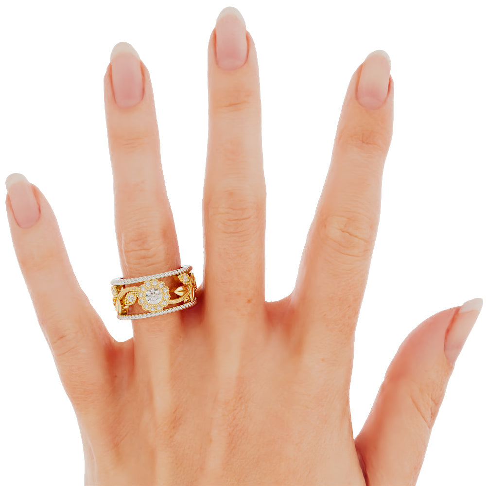 1218 - 14k two-tone Floral diamond wide band