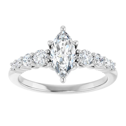 14K White Gold 1 CTW Marquise-Cut Diamond Engagement Ring with Graduated Round Accents
