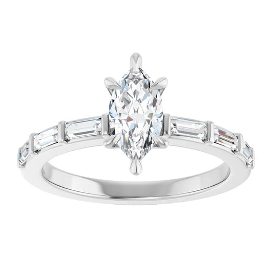 14K White Gold 1/2 CTW Marquise-Cut Diamond Engagement Ring with Baguette Accents