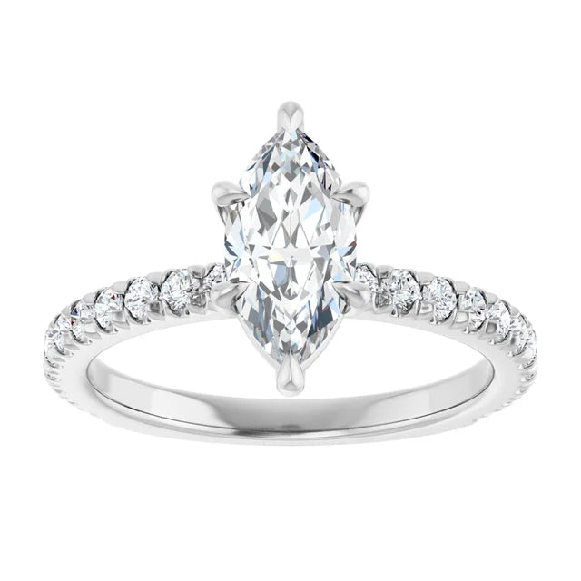 14K White Gold 9/10 CTW Marquise-Cut Diamond Engagement Ring with Pavé Band