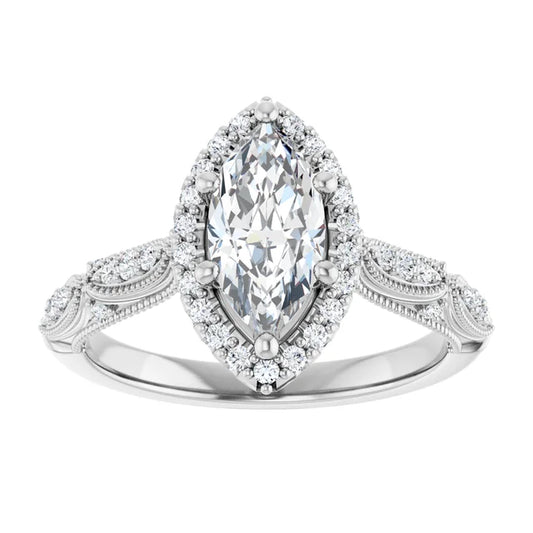 14K White Gold 7/8 CTW Marquise-Cut Diamond Halo Engagement Ring with Milgrain Accents