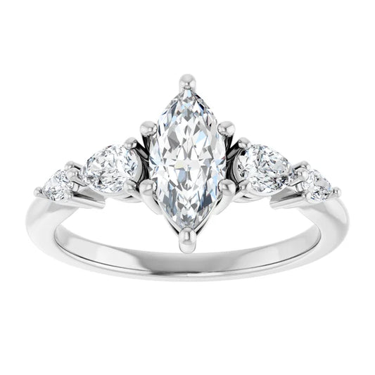 14K White Gold 1 CTW Marquise-Cut Diamond Engagement Ring with Tapered Round Accents