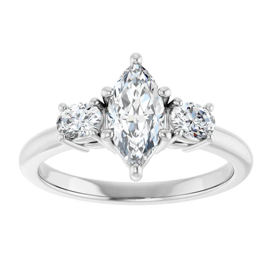 14K White Gold 1 1/5 CTW Marquise-Cut Diamond Three-Stone Engagement Ring with Round Accents