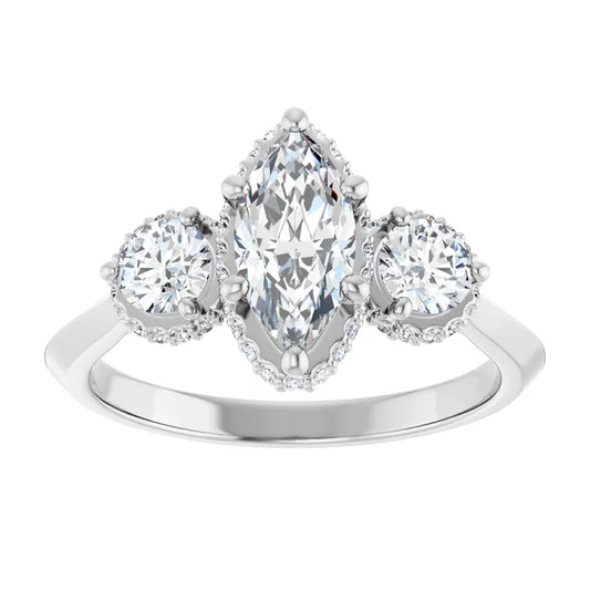 14K White Gold 1 1/3 CTW Marquise-Cut Diamond Three-Stone Halo Engagement Ring