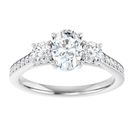 14K White Gold 1 1/4 CTW Oval-Cut Diamond Three-Stone Engagement Ring with Pavé Band