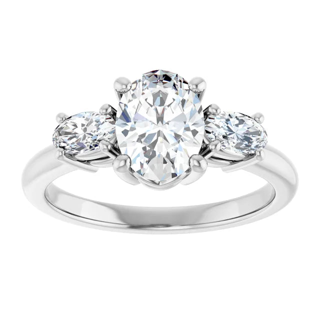 14K White Gold 1 1/2 CTW Oval-Cut Diamond Three-Stone Engagement Ring with Round Accents