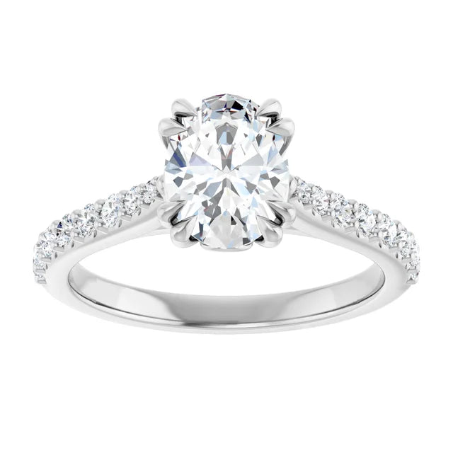 14K White Gold 1 1/3 CTW Oval-Cut Diamond Engagement Ring with Pavé Band and Double Claw-Prong Setting
