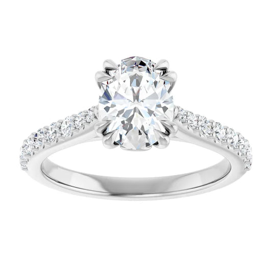14K White Gold 1 1/3 CTW Oval-Cut Diamond Engagement Ring with Pavé Band and Double Claw-Prong Setting