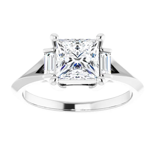 14K White Gold Princess Cut 1 1/4 CT Diamond Engagement Ring with Baguette Side Stones