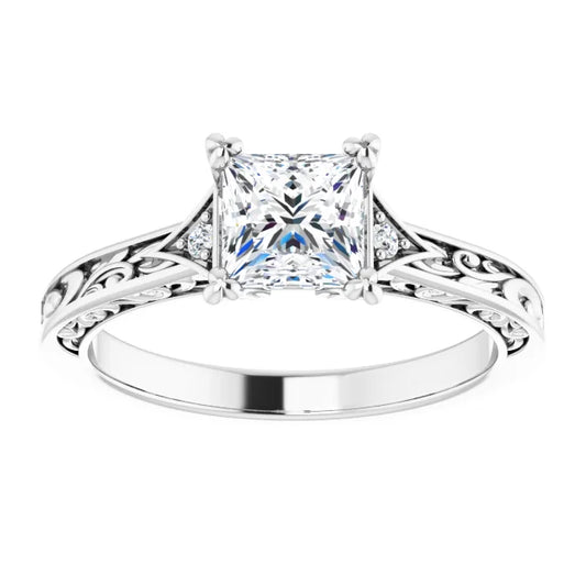 14K White Gold 1 CT Princess-Cut Diamond Vintage Filigree Engagement Ring