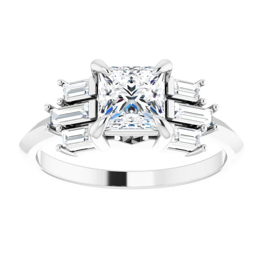 14K White Gold 1 CT Princess-Cut Diamond Engagement Ring with Baguette Accents