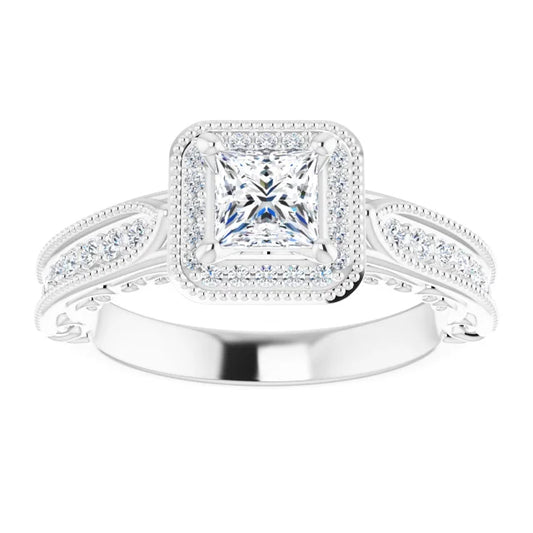 14K White Gold 1/3 CT Princess Cut Diamond Halo Engagement Ring with Milgrain Accents