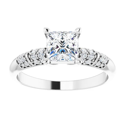 14K White Gold 1 CT Princess-Cut Diamond Engagement Ring with Pave Accents